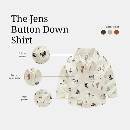 White broadcloth boys button down collar shirt with old car graphics.  Fold up sleeves, Front pocket, button down 