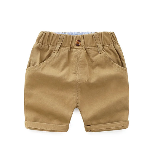 camel boys shorts with belt loops, front and back pockets an elastic waist
