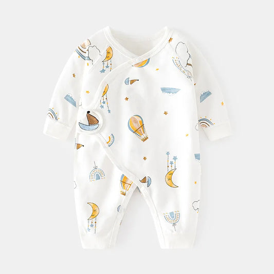 newborn kimono style infant sleeper pyjamas with sailboats, hot air baloons and moons. 