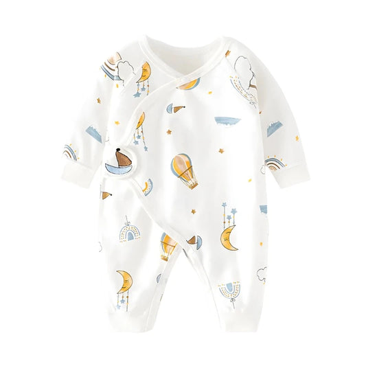 newborn kimono style infant sleeper pyjamas with sailboats, hot air baloons and moons. 