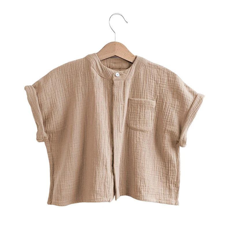 Khaki short sleeved muslim 100% cotton shirt for 4-10 year olds. 