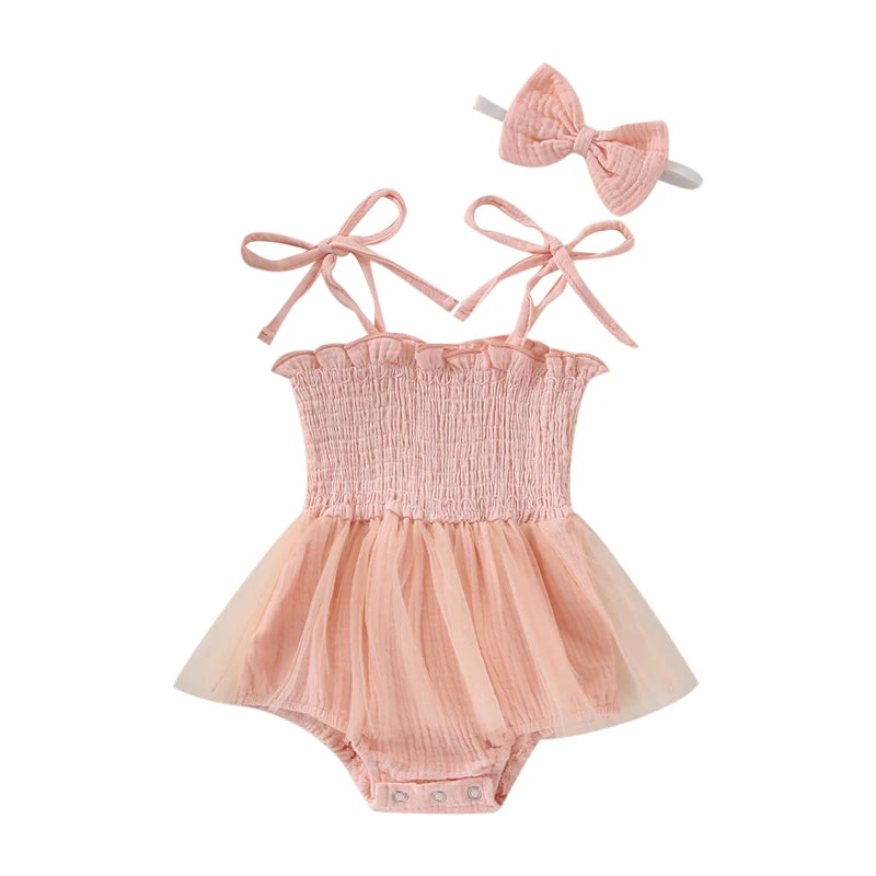 Pink baby Infant Blue bodysuit with ties at the shoulder, snap bottom and a tulle skirt. 