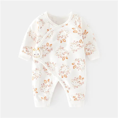 newborn kimono style infant sleeper pyjamas with beige bunnies. 