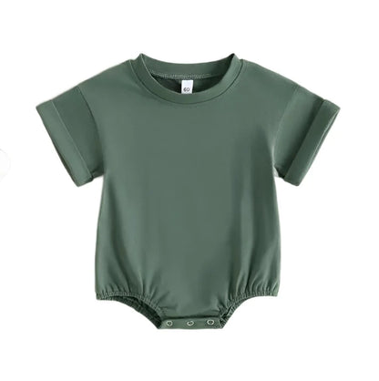 green Tshirt bodysuit with elastic legs and a snap bottom. 
