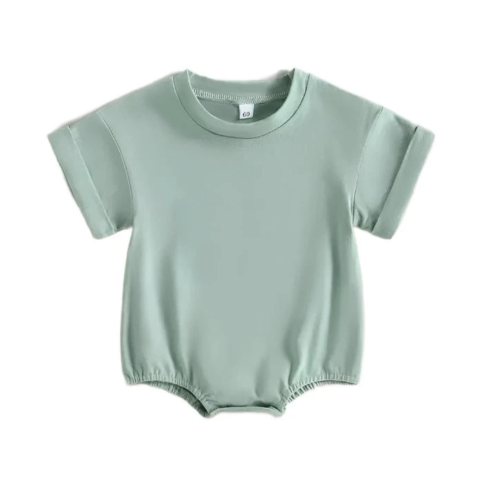 light green Tshirt bodysuit with elastic legs and a snap bottom. 
