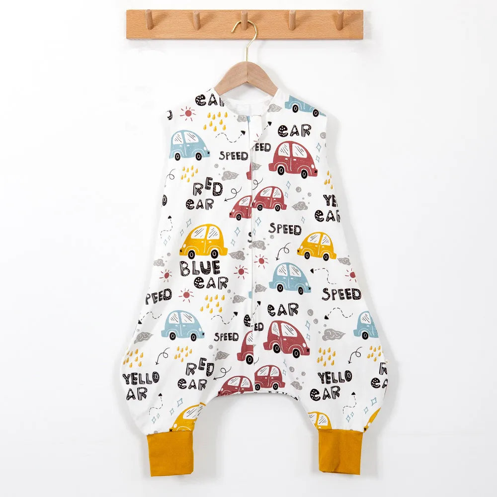 White sleep sack outfit with cars in yellow, blue and red