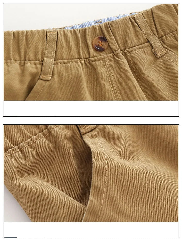 Beige shorts with an elastic waiste, belt hooks and front pockets.