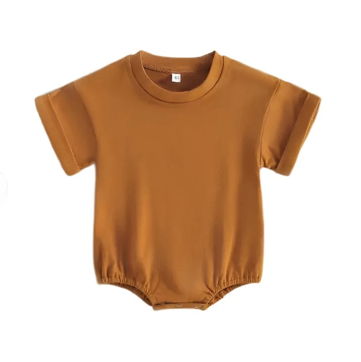 Orangy brown Tshirt bodysuit with elastic legs and a snap bottom. 