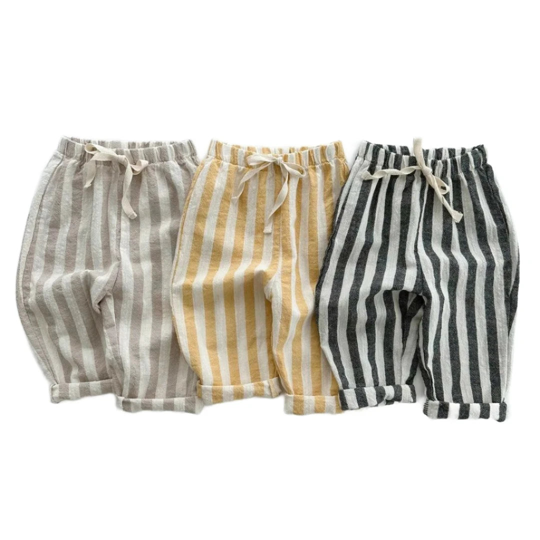Cute linen cotton unisex pants, boys yellow pants, toddler grey striped pants, girls cotton linen summer striped pants.
