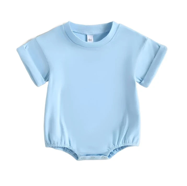 light blue Tshirt bodysuit with elastic legs and a snap bottom. 