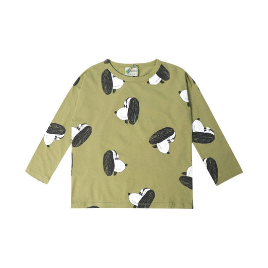Olive green kids sweatshirt, with a dog graphic