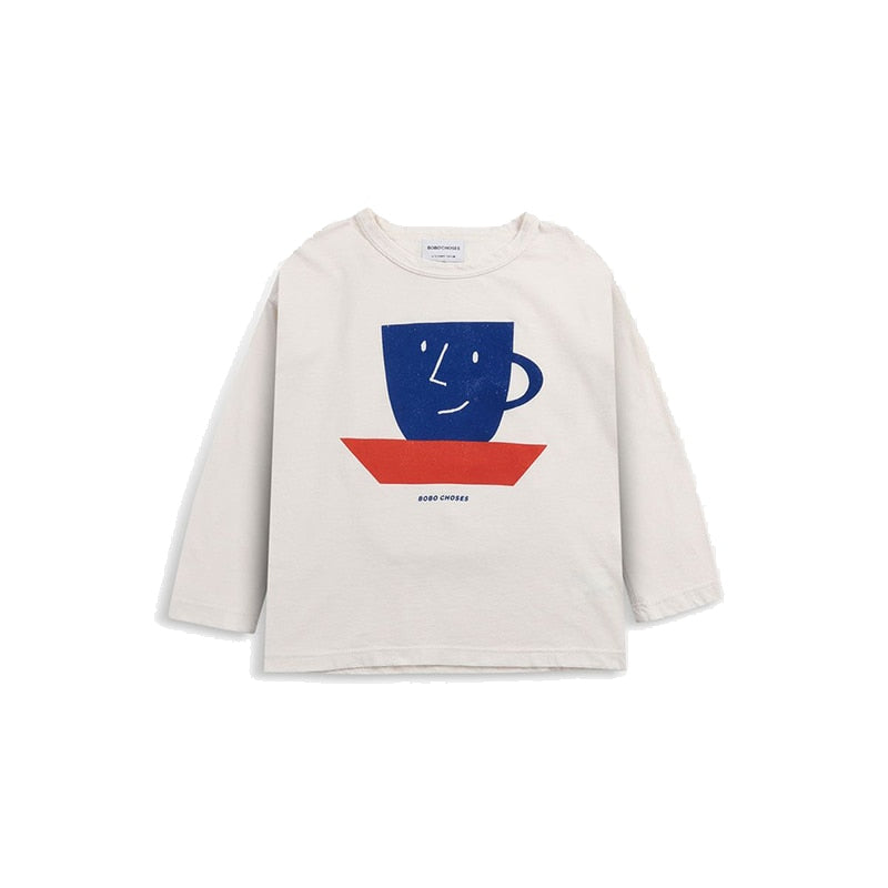 White toddler sweatshirt with teacup graphic mini rodini style