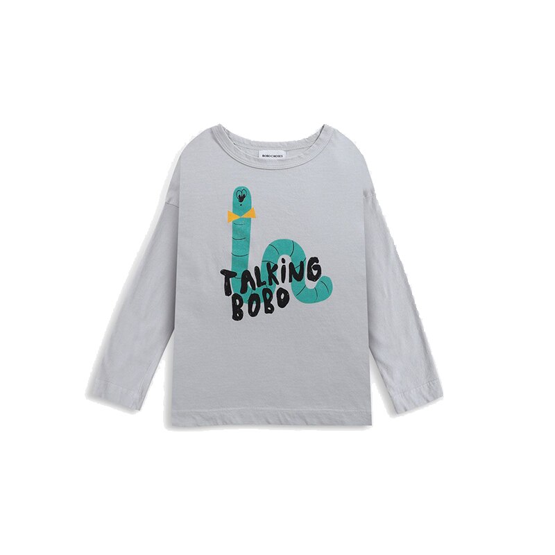 grey kids longsleeved shirt with worm graphic with the words Talking bobo 