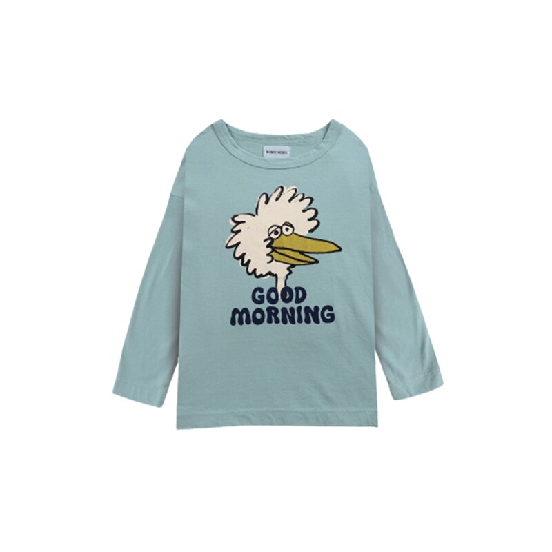 cute kids sweatshirts, nordic baby clothes, blue long sleeved baby shirt that has a big bird face that says good morning