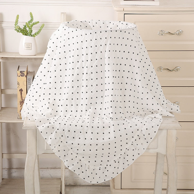 white with tiny blue stars organic cotton recieving blanket with ruffles in the edge. 