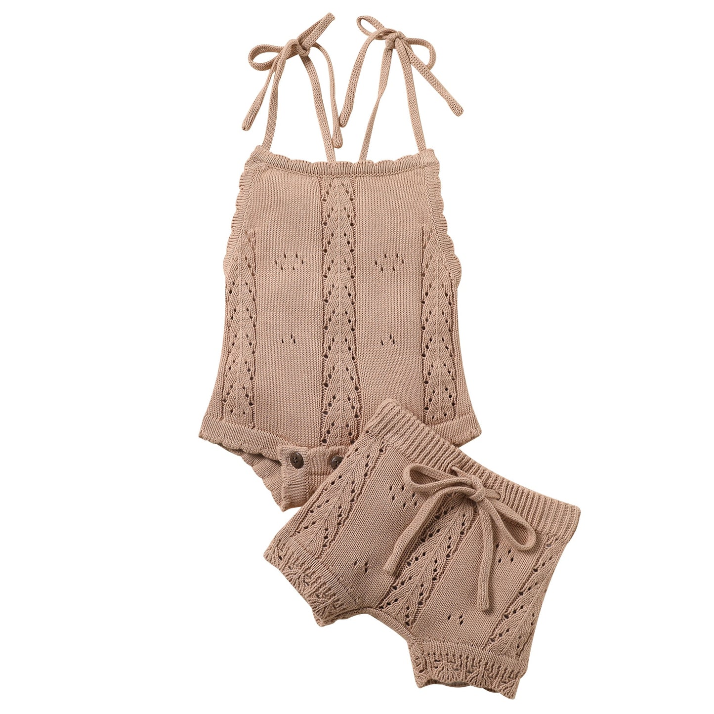 Infant knitted camisol bodysuit and shorts in beige.