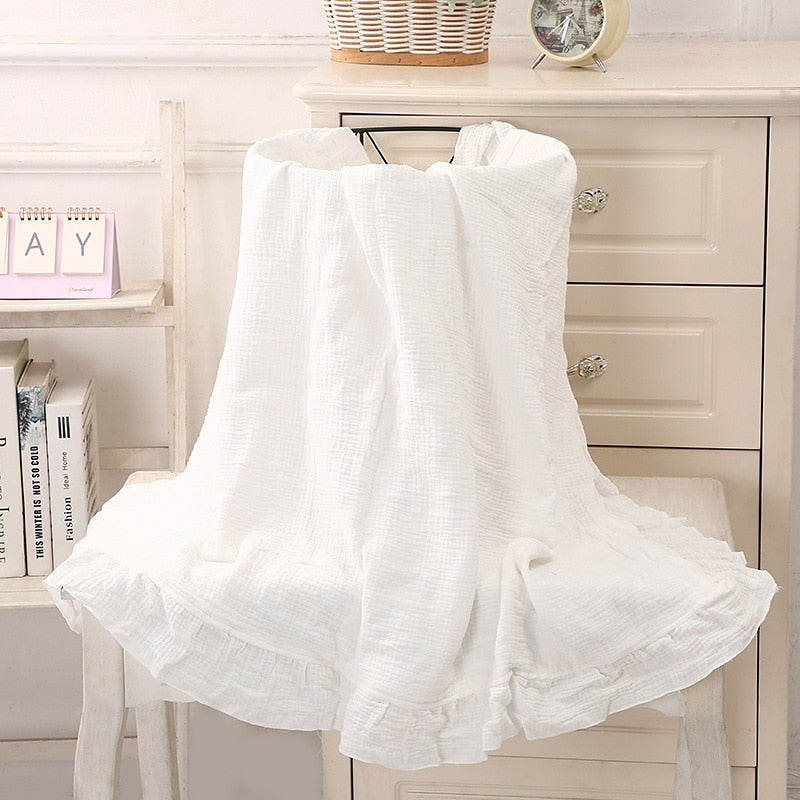 White Ruffled Muslin Baby Swaddle Blankets for New Born Infant Bedding Organic Baby Accessories Newborn Receive Blanket Cotton