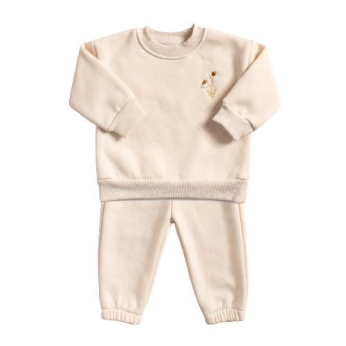 Beige cotton sweat suit separates with a flower design size 3 months to 3 years.