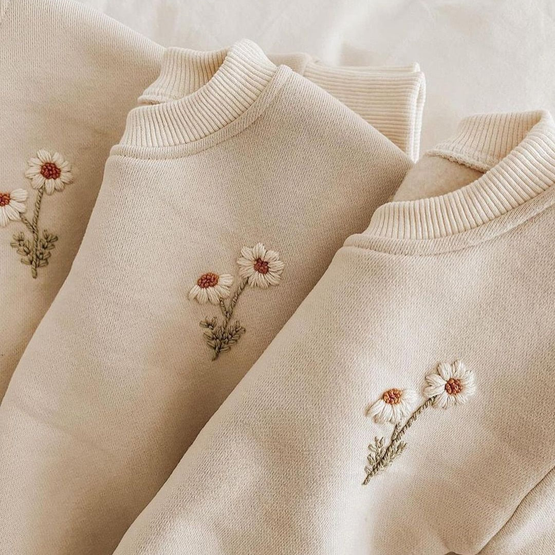 Beige cotton sweat suit separates with an embroidered flower design size 3 months to 3 years.
