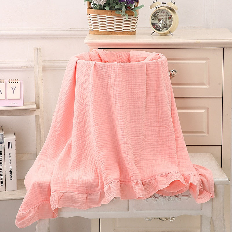 Pink Ruffled Muslin Baby Swaddle Blankets for New Born Infant Bedding Organic Baby Accessories 