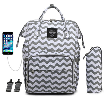 Zebra stripe diaper bag and backpack with an insulated waterbottle pouch, a USB charger for your phone and multiple pockets. 