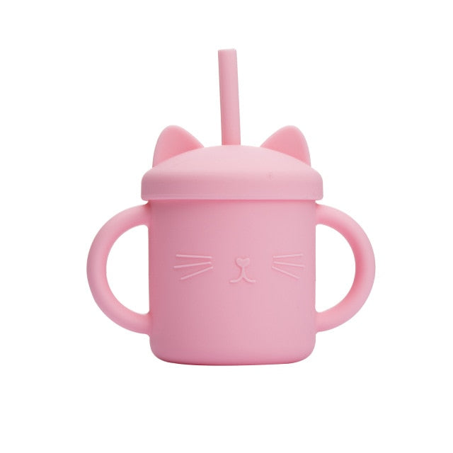 Pink kitty silicone cup with lid and straw