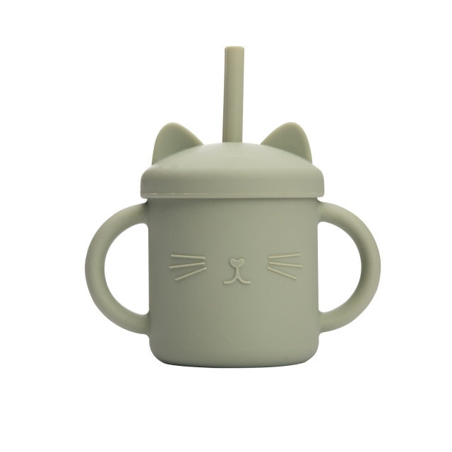 Green kitty silicone cup with lid and straw