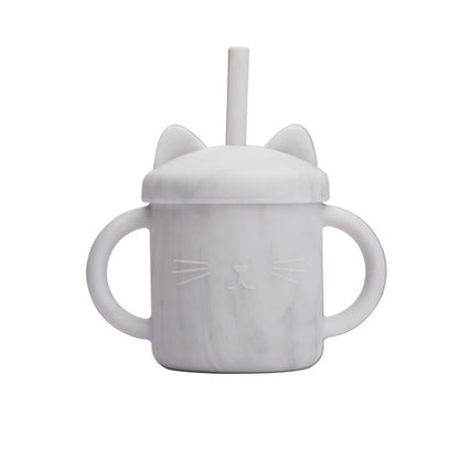 Grey kitty silicone cup with lid and straw
