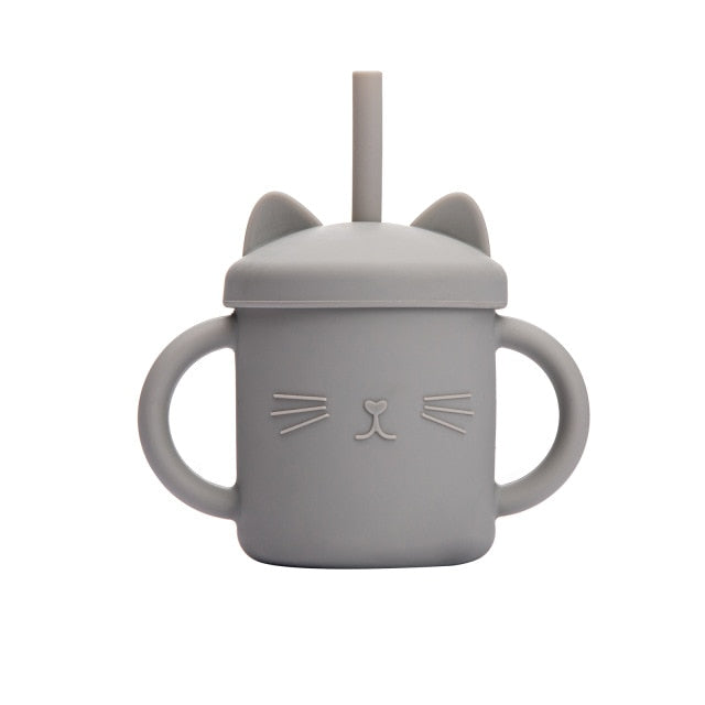 Grey kitty silicone cup with lid and straw