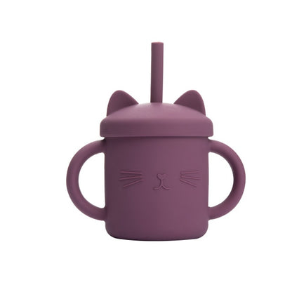 Maroon kitty silicone cup with lid and straw