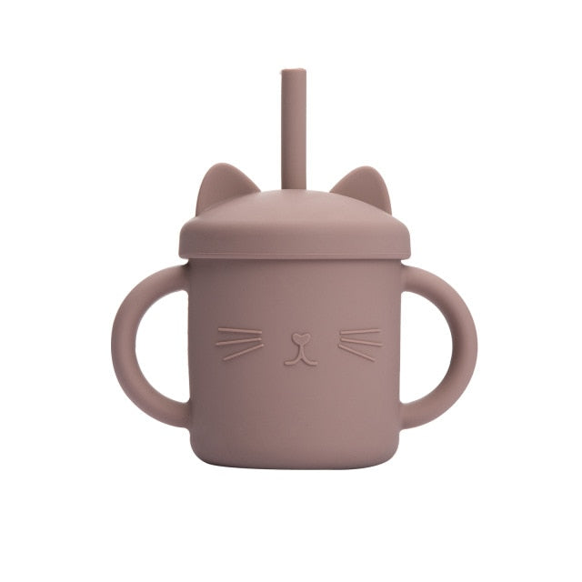 Beige kitty silicone cup with lid and straw