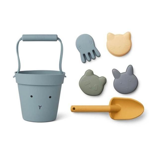 6 piece silicone sand toy set in blue with 4 bear molds and a shovel