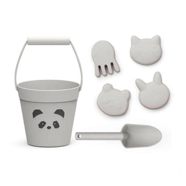 6 piece silicone sand toy set in grey with 4 panda molds and a shovel