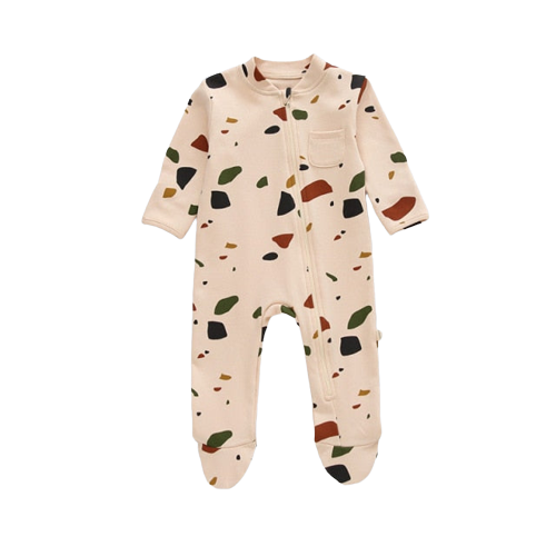 Infant sleeper in beige with terra cotta, green , mustard and dark blue patches.