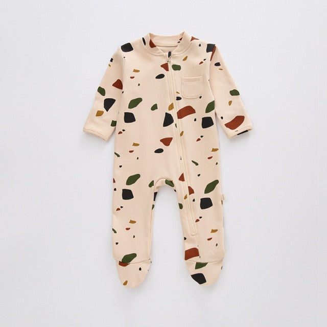 Graphic baby sleeper, peach, with green, blue and red splotches