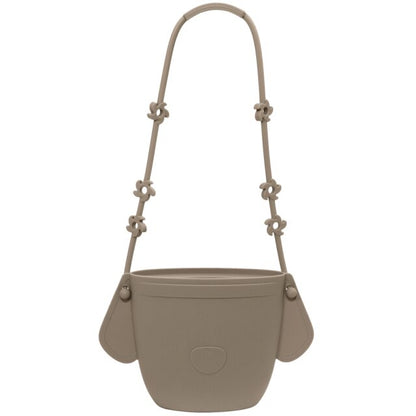 Cute taupe silicone kids re-sealabe purse for snacks.