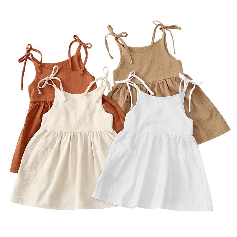 Cute linen summer dress with ties at the shoulder in rust, white, ivory and kahki